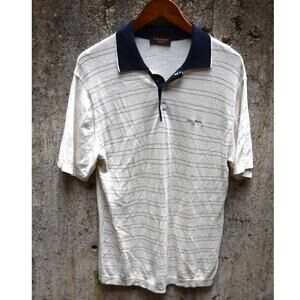 Leno Marin Made in Italy Silk Cotton Polo Shirt Beige Striped Short Sleeve Large